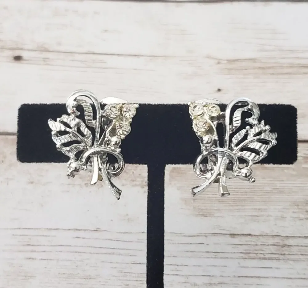 Vintage Clip On Earrings Bouquet Style Silver Tone & Clear Gems